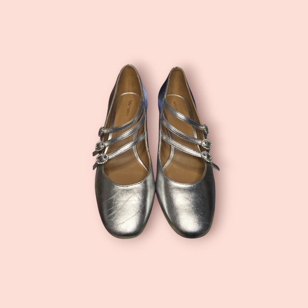 Reformation Mimi Buckle Pump Silver Rhinestone Block Heel Pumps Metallic 8.5 - Picture 3 of 4